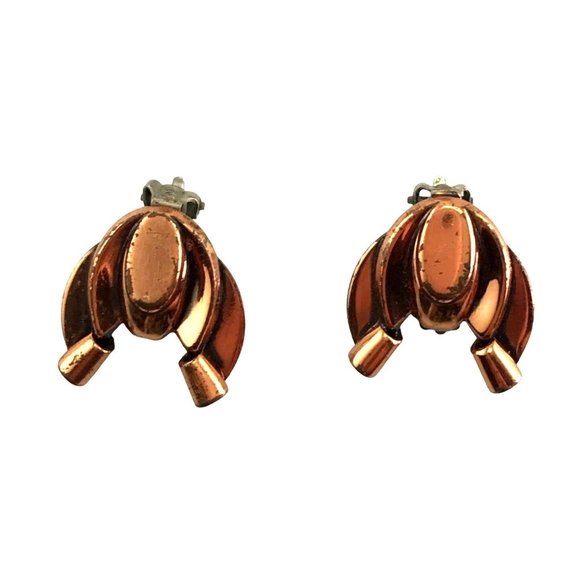 Vintage 1950s Modernist Renoir Copper Earrings Clip On MCM Insect Scroll Signed - Picture 2 of 8